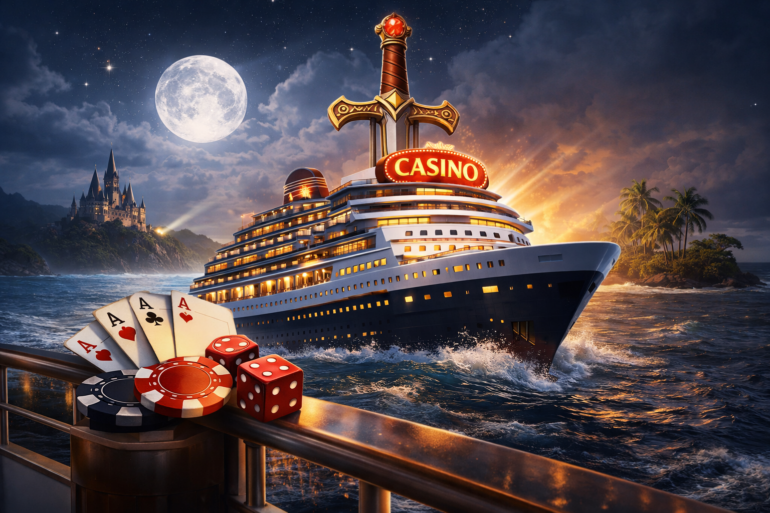 Fantasy Warrior Quest cruise liner with casino atmosphere and resort-style decks